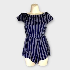 Derek Heart Blue Striped Off Shoulder Romper Women’s Medium Boho Rayon Summer‎